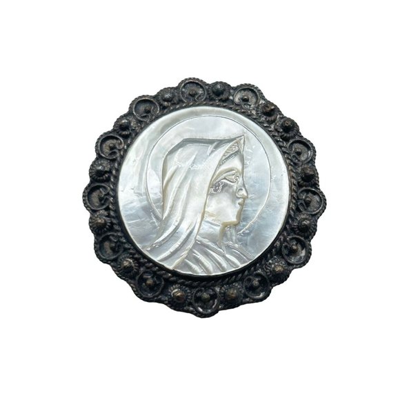 MOP Mother of Pearl Religious Cameo Brooch Jerusalem Holy Mary Pin and Pendant - Picture 1 of 7